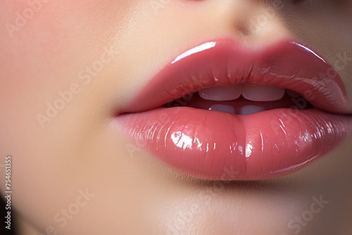 Close-Up of Natural Pink Lips with Subtle Gloss. 