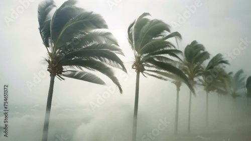 Coconut trees are blown by strong winds in a tropical storm under an overcast sky. photo