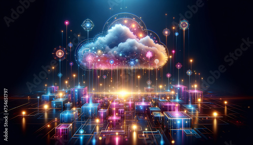 Whimsical Pop Futurism image of glowing cloud databases in vibrant colors.
