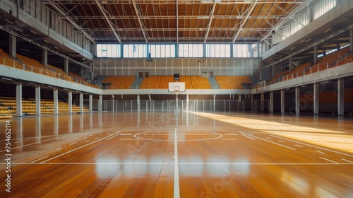 Empty basketball court floor against the backdrop of an empty stadium with no fans or players.