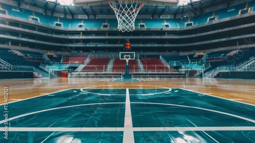 Empty basketball court floor against the backdrop of an empty stadium with no fans or players.