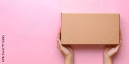 A pair of female hands delicately holding a brown cardboard box against a soft pastel pink background, creating a simple yet captivating image perfect for various concepts.