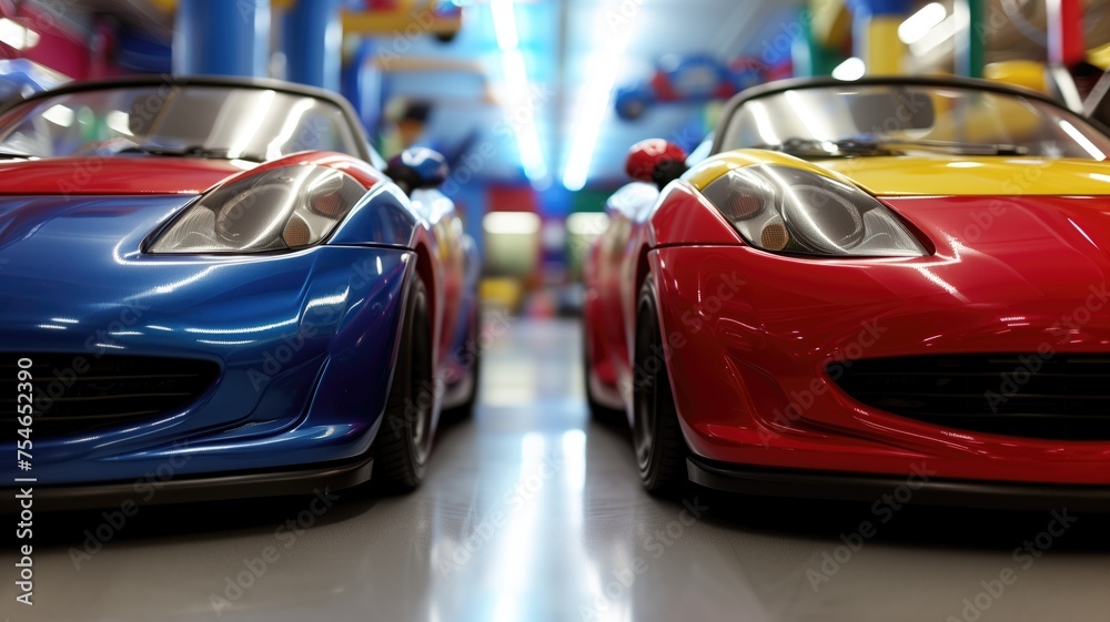 Shiny blue and red bumper cars lined up in an amusement park, ready for fun Shiny blue and red bumper cars lined up in an amusement park, ready for fun