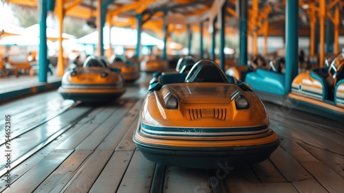 Bright orange bumper cars waiting for drivers in an amusement park photo