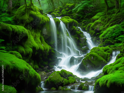 A majestic waterfall cascading down mossy rocks in a dense forest.