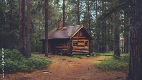 Secluded log cabin in dense pine forest on a misty day