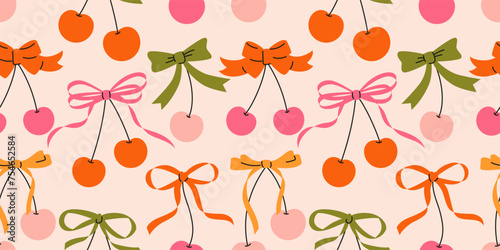 Seamless groovy pattern with cherries and bows. Hand drawn vector illustration. Cartoon style trendy romantic background. Coquette core cute design.