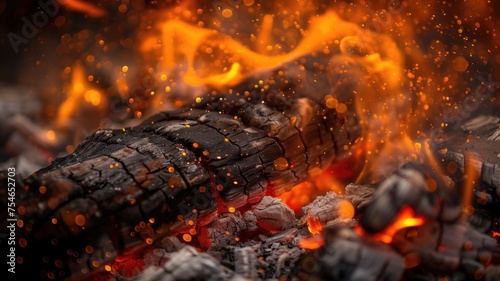Intense close-up of burning charcoal, alive with fiery sparks