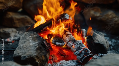 Burning wood logs in a fiery campfire close-up