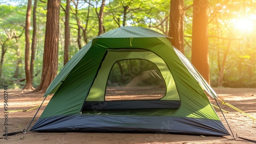 Green camping tent in a sunny forest clearing