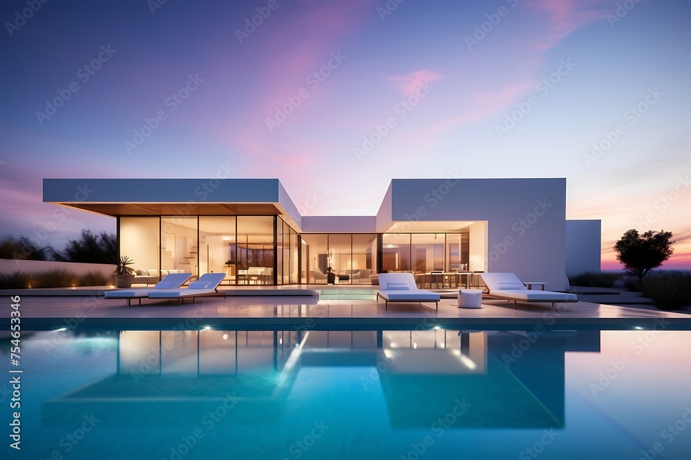 Fototapeta premium Luxury house with swimming pool at sunset