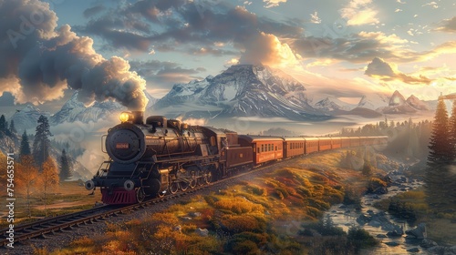 Train Journey, Romantic and nostalgic depictions of train travel, featuring scenic train rides, vintage locomotives, picturesque railway routes