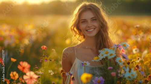 A woman in the spring or summer meadow with flowers.