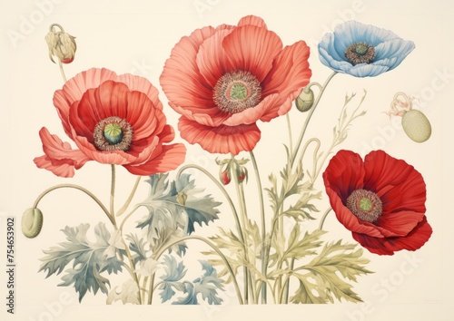 Poppy flowers in full bloom red and blue colours  