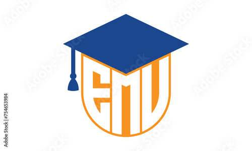 EMV initial letter academic logo design vector template. school college logo, university logo, graduation cap logo, institute logo, educational logo, library logo, teaching logo, book shop, varsity
