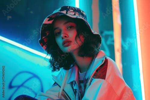 Urban Chic Young Woman Posing in Neon Lights with Trendy Bucket Hat and Jacket