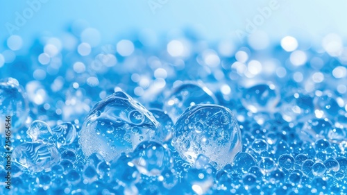 Crystal clear ice water bubbles glistening on a vivid blue background, symbolizing purity