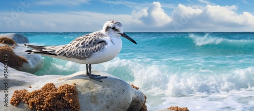 A Calidris alba seagull sits atop a large rock near the ocean, overlooking the waves crashing against the shore. The seabird appears alert and observant in its coastal habitat. photo