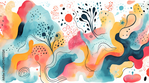 Seamless pattern with watercolor spots and abstract shapes