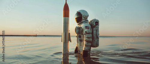 Astronaut standing in the lake and holding a rocket