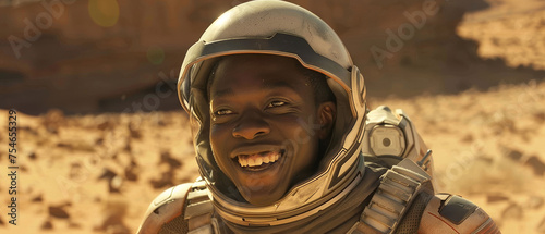 black spaceman smiling in the desert © EmmaStock
