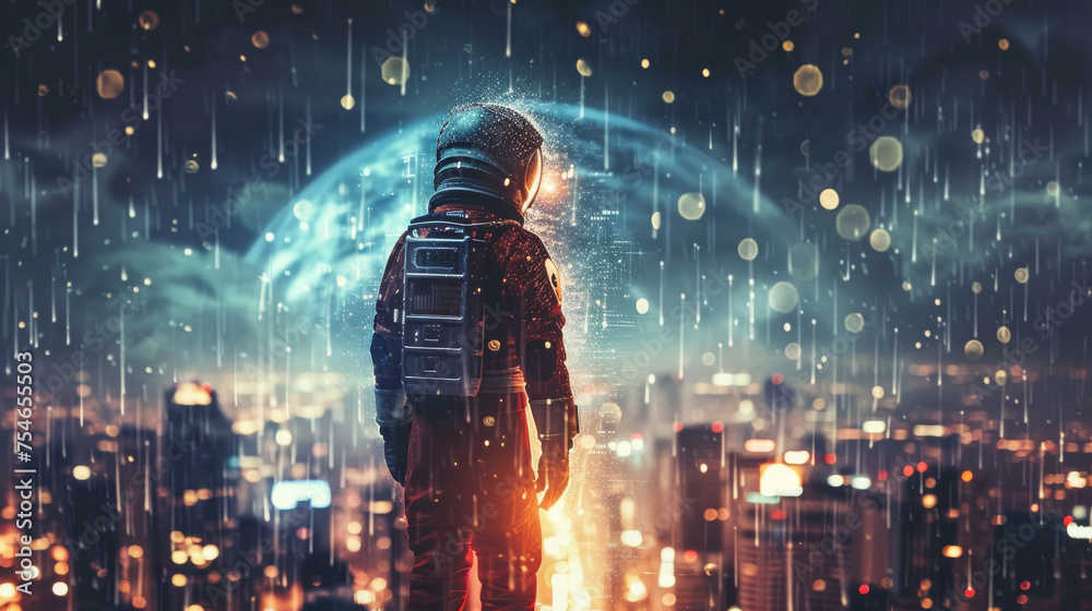 spaceman standing in the city and raining heavily