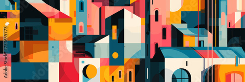 Abstract color brochure covers featuring geometric interpretations of urban architecture background.