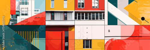 Abstract color brochure covers featuring geometric interpretations of urban architecture background.