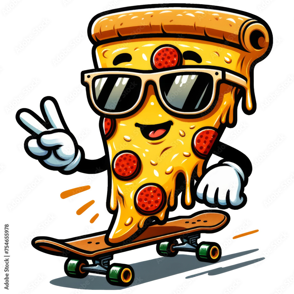 Cool Pizza Slice Cartoon on Skateboard
