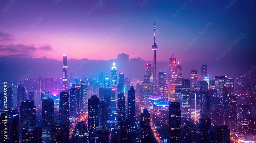 Urban Skyline, Striking images showcasing the skyline of major cities with iconic landmarks, skyscrapers, and city lights illuminating the night sky