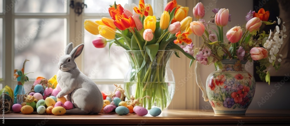 A bunny is seated in front of a vase filled with colorful flowers, creating a charming scene in a cozy living room interior. The bouquet of tulips adds a festive touch alongside Easter eggs and other - obrazy, fototapety, plakaty 