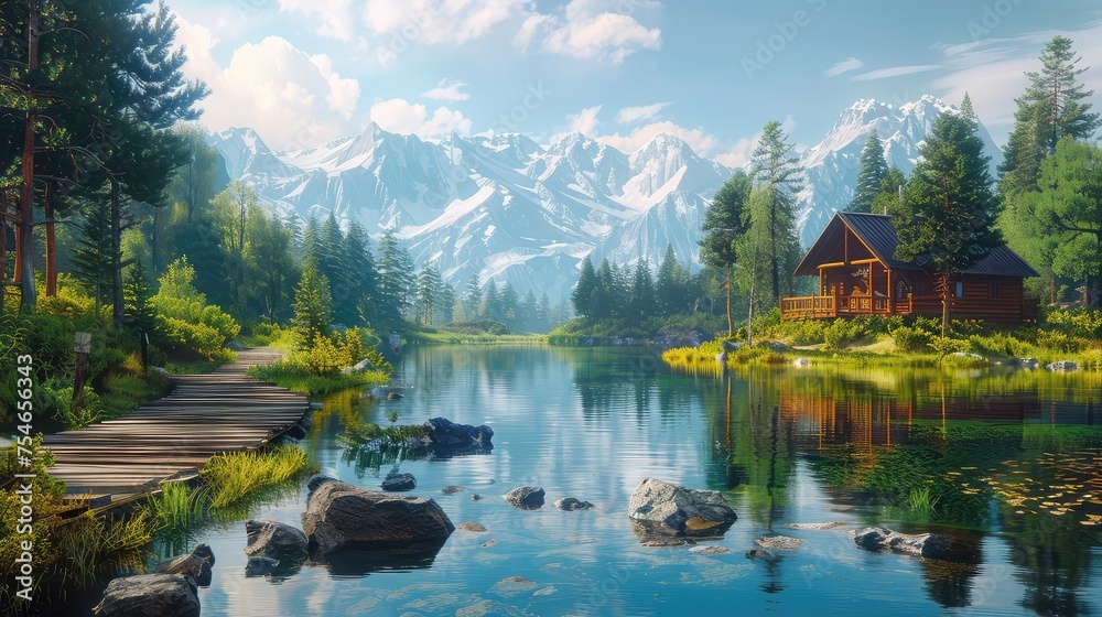 Nature Retreat, Serene and tranquil scenes of natural landscapes like forests, mountains, lakes, or secluded cabins, conveying the idea of escape and rejuvenation amidst the beauty of nature - obrazy, fototapety, plakaty 