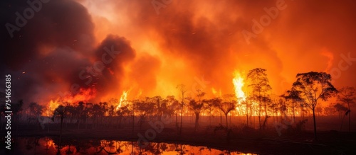 A large fire rages through a dense forest, emitting smoke and flames as it burns close to a body of water, creating a dangerous situation for the surrounding environment.