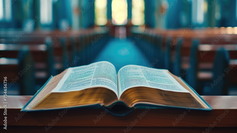Fototapeta premium Open bible on church pew, serene atmosphere