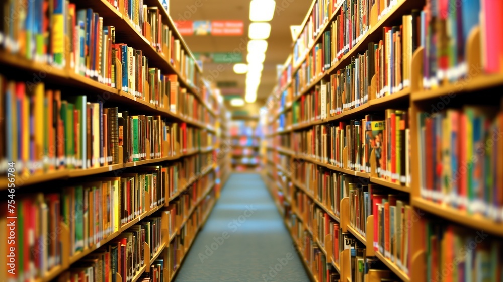 Vibrant, orderly bookshelf filled with a multitude of colorful books Vibrant, orderly bookshelf filled with a multitude of colorful books