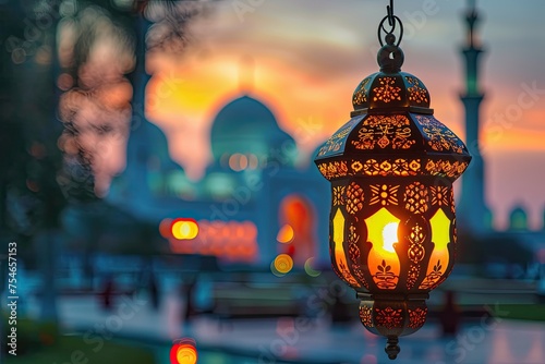 Islamic lanterns Eid Mubarak and Ramadan Kareem greetings for banner poster