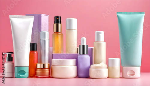 Close up shot of generic cosmetics products, pleasing arrangements, product photography.