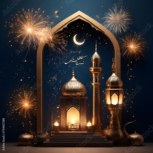 Ramadan Kareem Eid Mubarak Royal Elegant Lamp with Mosque Holy Gate with fireworks