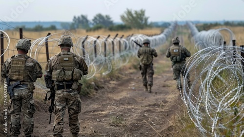 Military and border guards with weapons patroling along the border with barbed wire, guarding the border from illegal immigrants