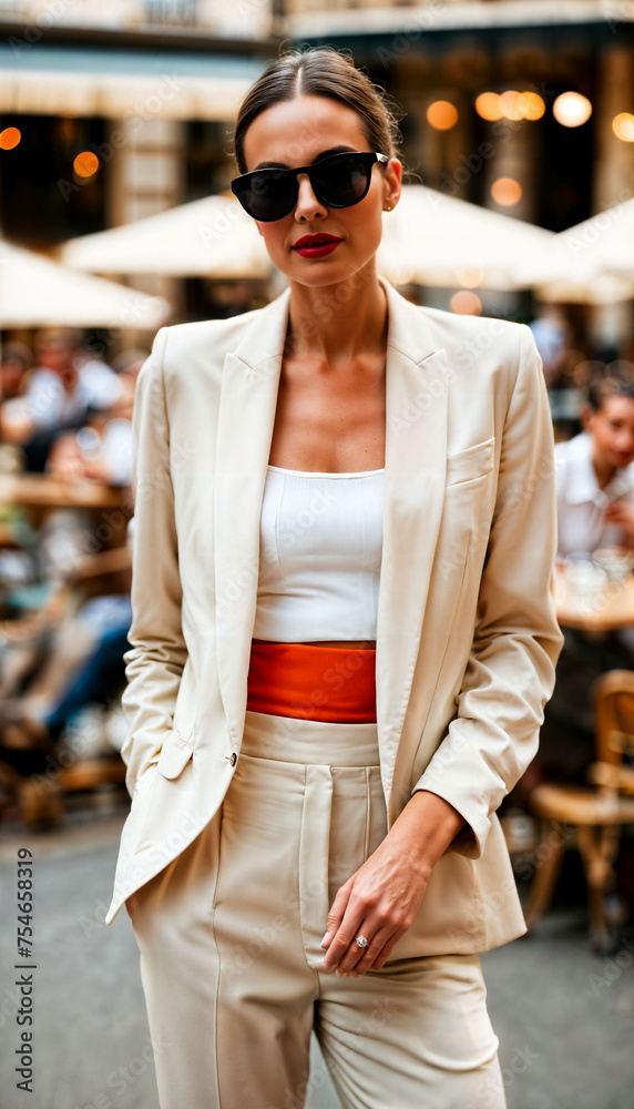 photo of beautiful european woman with beige suit and white crop top at street cafe in france, generative AI photo of beautiful european woman with beige suit and white crop top at street cafe in france, generative AI