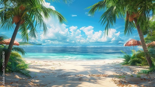 Beach Scenery  Panoramic views of pristine beaches framed by swaying palm trees  azure waters  and colorful umbrellas