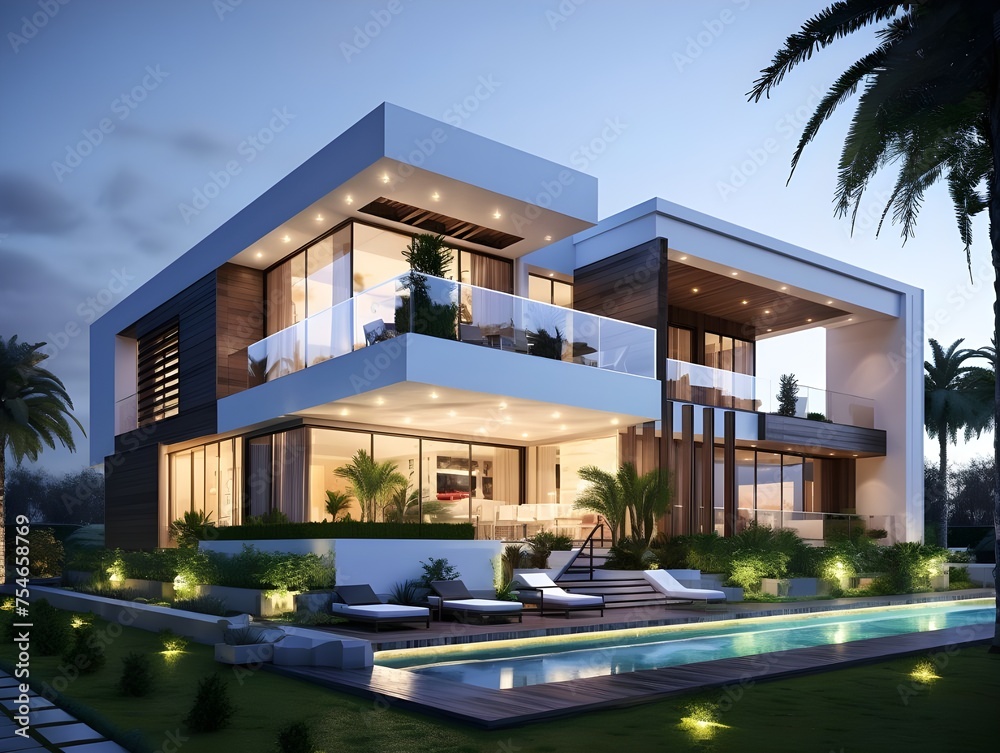 Fototapeta premium A large house with a pool in front