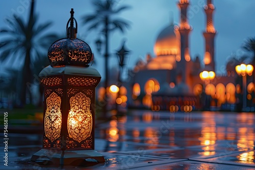 Islamic lanterns Eid Mubarak and Ramadan Kareem greetings for banner poster