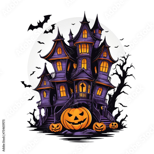 a halloween house with pumpkins in front of a full moon, an illustration of, on a transparent background, colored illustration for tattoo, lowres, clipart © SetCartoon