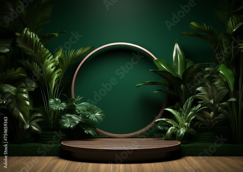 Cosmetics product advertising stand. Exhibition wooden podium on green background with leaves and shadows. Empty pedestal to display product packaging. Mockup