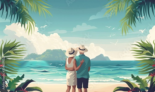 An elderly beautiful couple hugged happy and smiling at a tropical seaside. photo