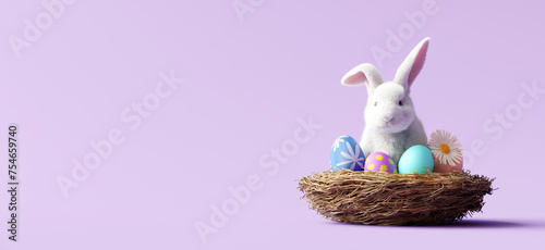 Bunny with Easter eggs in bird nest on purple background. 3d rendering