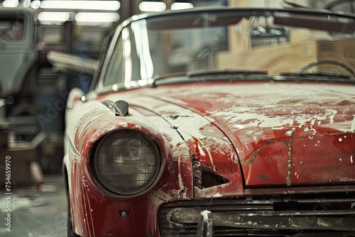 An old red car is parked inside a garage  surrounded by tools and equipment for restoration work. The vehicle shows signs of aging and wear  awaiting renovation. Generative AI