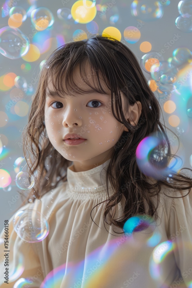 Portrait of a Young Girl with Dreamy Expression Surrounded by Floating Soap Bubbles Portrait of a Young Girl with Dreamy Expression Surrounded by Floating Soap Bubbles