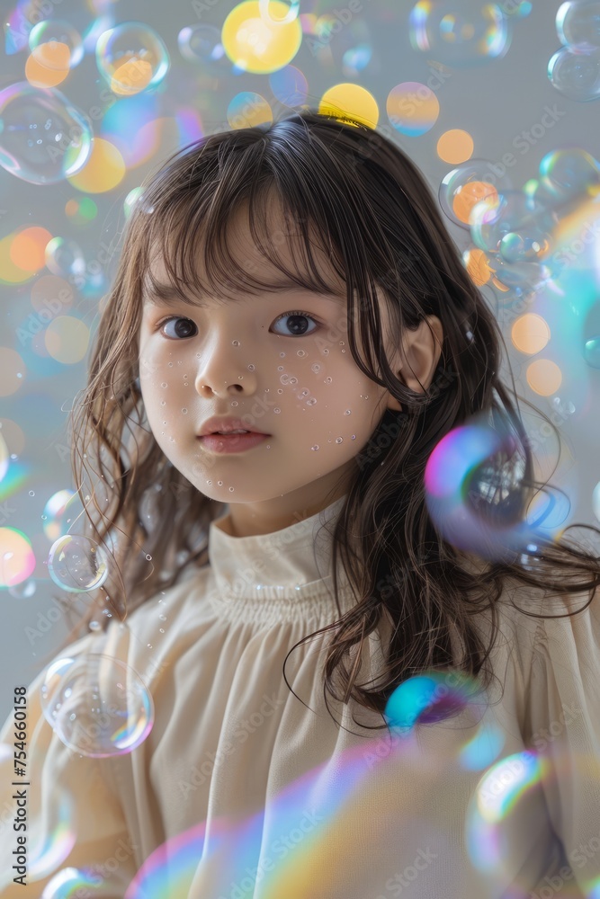 Portrait of a Young Girl with Dreamy Expression Surrounded by Floating Soap Bubbles